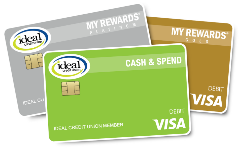 Image of three debit cards, Ideal CU Rewards Platinum, Ideal CU Rewards Gold and the Standard Consumer Debit Card