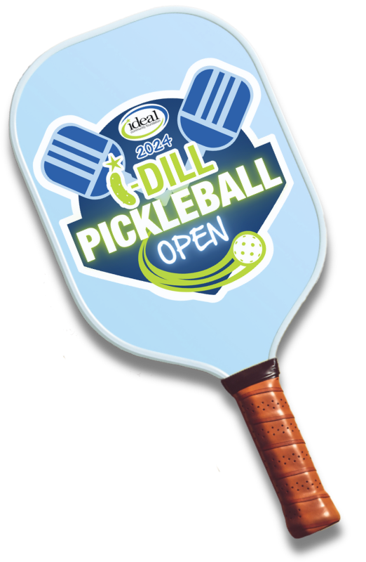 Pickleball Paddle with the i-Dill Logo on it